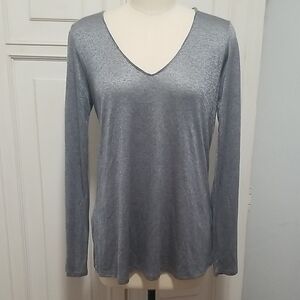 Tahari Shimmering Silver V-Neck Blouse